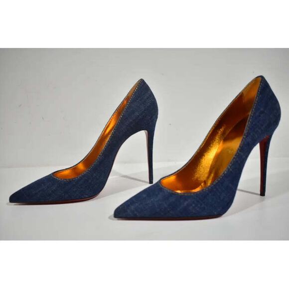 Christian Louboutin Kate 100 Blue Denim Saba Gold Stiletto Pointed Heel Pump 40 - Picture 9 of 12